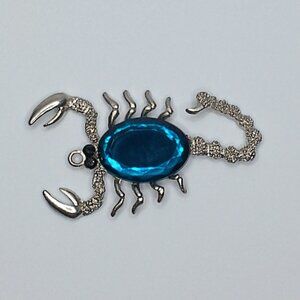 Blue Scorpion Pendant, silver color, blue rhinestone, shiny crystals details